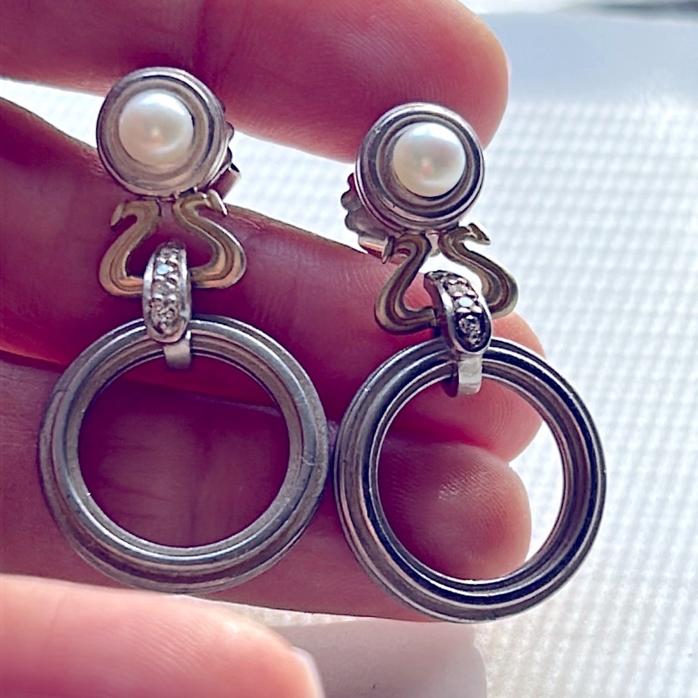 Slane & Slane extremely rare 18k gold and sterling silver diamond pearl earrings - Picture 8 of 8